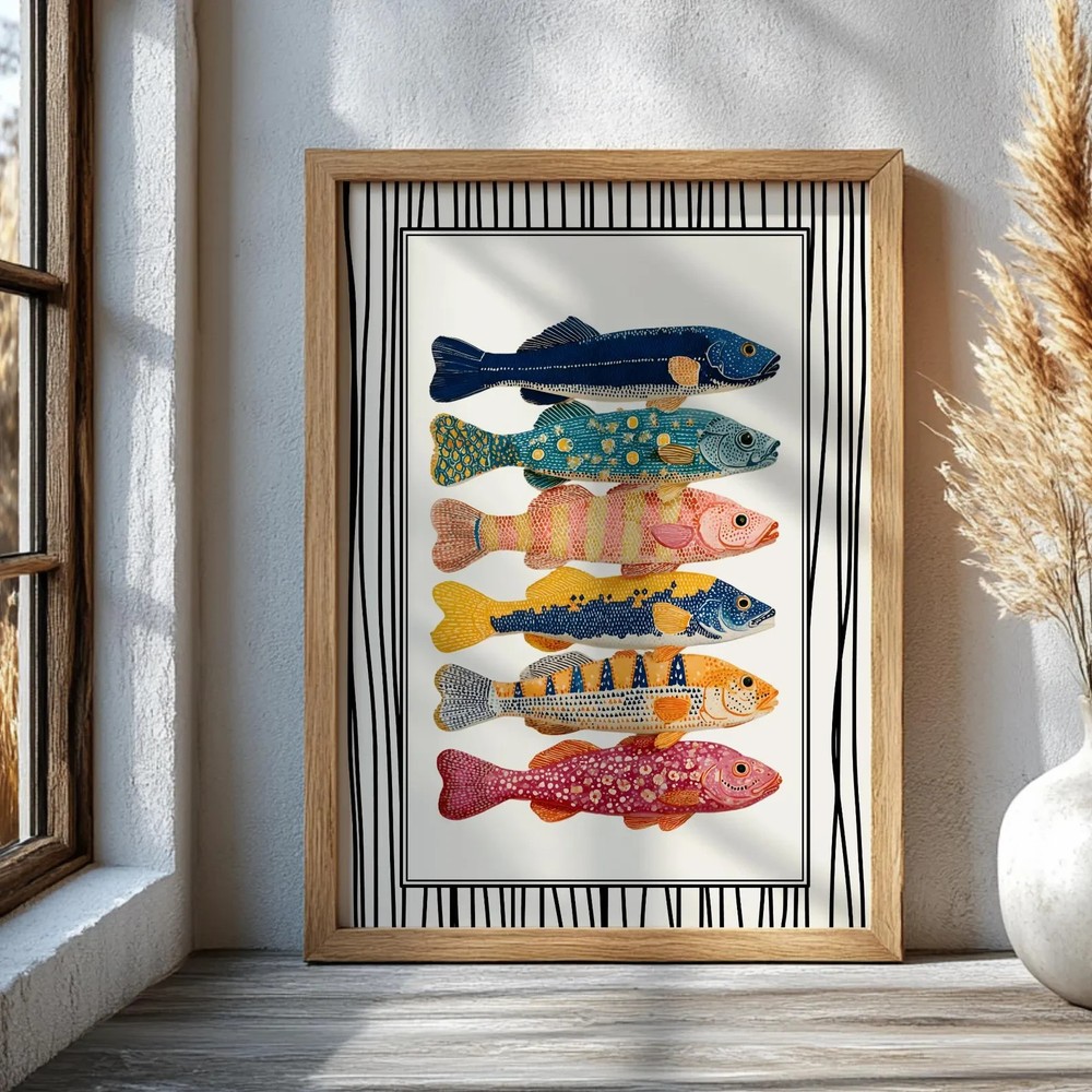 Colorful Fish Poster Retro Coastal Kitchen Wall Art Vibrant Seafood Illustration
