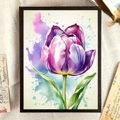 Framed Canvas Watercolor Purple Tulip Splash Ink Soft Floral Decor