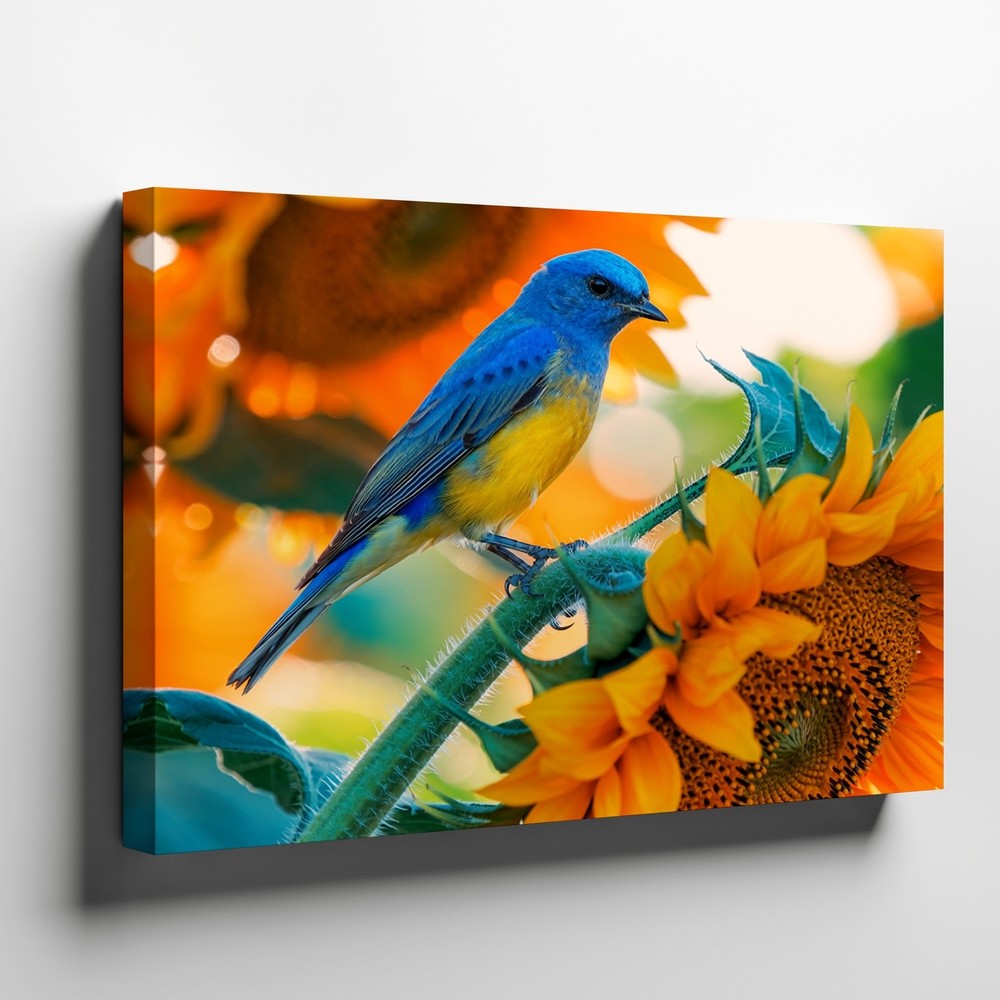 Blue Bird on Sunflower Canvas Wall Art Vibrant Nature Floral Wildlife Print