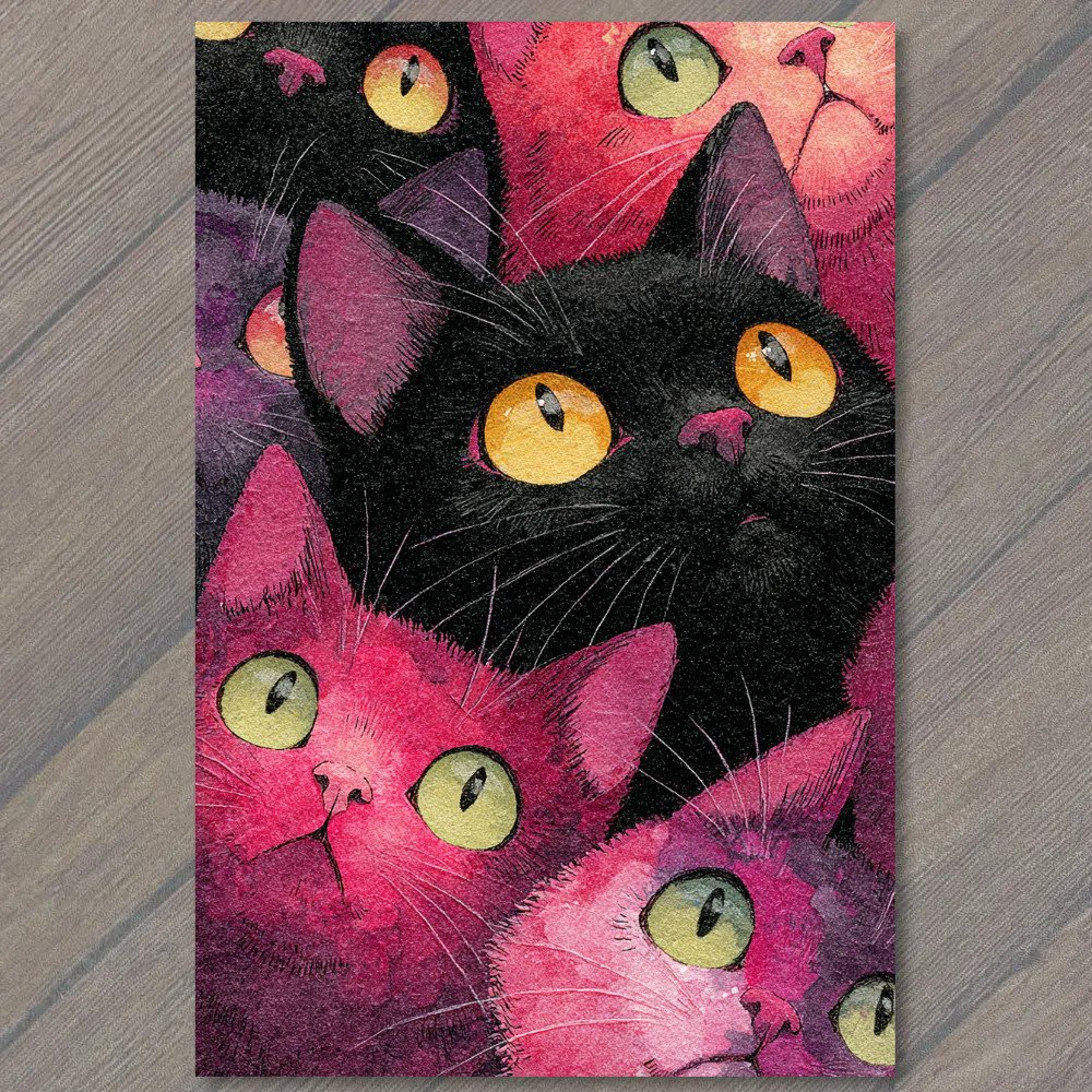 Art Print Bright Eyed Cats Staring Up Colorful Feline Group Artwork