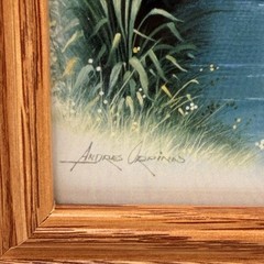 Vintage Andres Orpinas Cottage 1 Garden Swan Scene Framed Print Signed 11.5×9.5