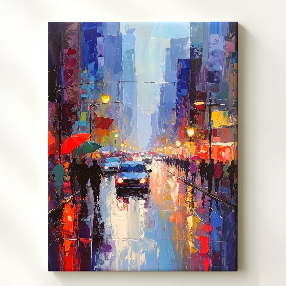 Rainy Urban Street Canvas Impressionist City Scene With Umbrellas And Wall Art