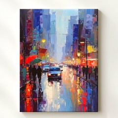 Rainy Urban Street Canvas Impressionist City Scene With Umbrellas And Wall Art