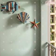 Coastal Style 3PCS Wooden Wall Decor Set Combining Sea Fish Shells and Starfish