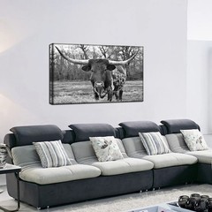 LevvArts Black and White Animal Wall Art Longhorn Picture Prints Modern Office L
