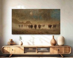 Vintage Style Cattle Herd Canvas Wall Art, Large Rustic Western Art, Cow Print