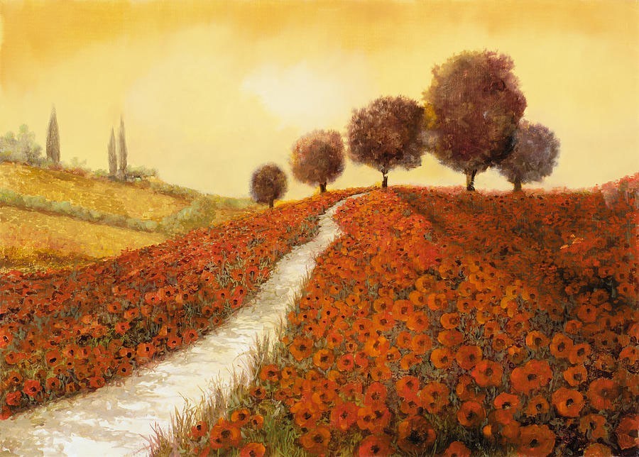 Canvas art print giclée poster pillow. Tuscany Landscape with poppy field
