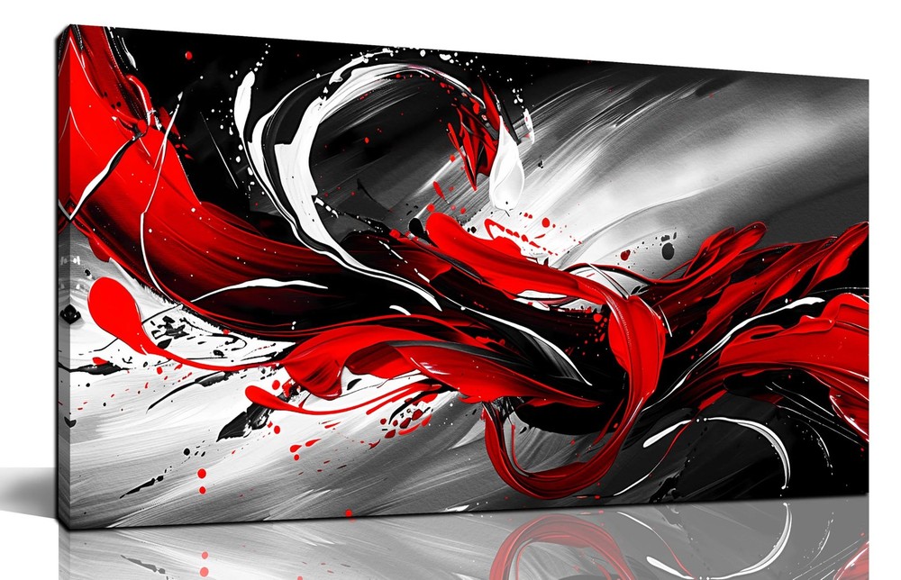 Black White and Red Abstract Print Picture Painting Large Canvas Wall Art for…