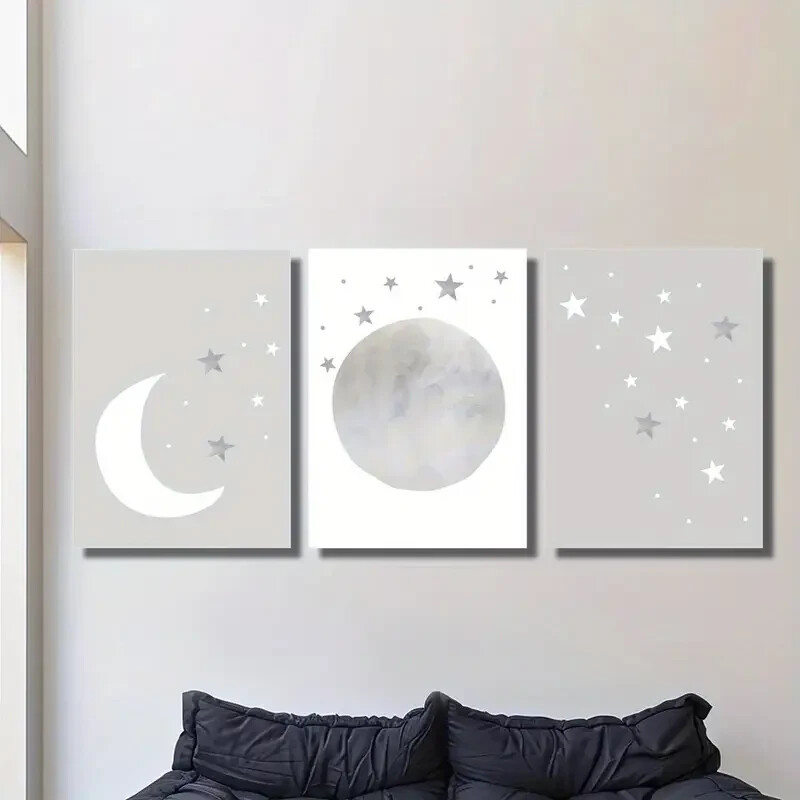 3pcs gray moon and stars, neutral art, Metal Print Ready to Hang Art
