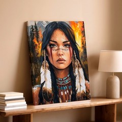 Wall Art Native American Woman Portrait Canvas Print Tribal Fire Home Decor