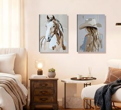 2pcs Framed Western Cowboy Girl Wall Art Oil painting style Cowboy Girl and H…