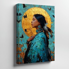 Native American Woman Portrait Canvas Wall Art With Blue Feathers And Gold Halo