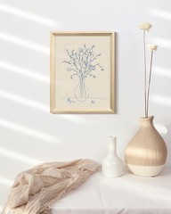 Blue Floral Botanical Sketch Wooden Framed Wall Art, Minimalist Line Art Canv…