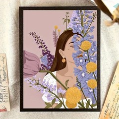 Framed Canvas Floral Covered Woman Purple Larkspur Boho Minimal Decor
