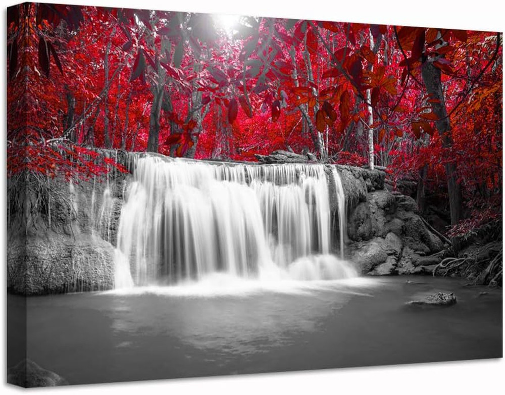 Fall Tree Forest Pictures Canvas Print Black and White Red Waterfall Autumn Land
