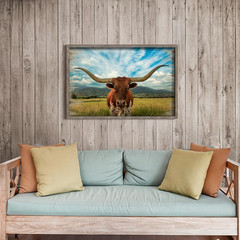 Rustic Texas Longhorn Cattle Wall Art – Framed Farmhouse Decor 48”X32”