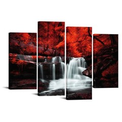 Black White and Red Wall Art 4 Pieces Red Tree Forest Waterfall Picture Canva…