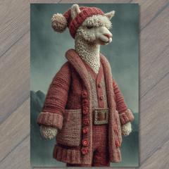 Art Print Alpaca Red Knit Coat Pom Hat Cozy Winter Christmas Fashion Charm
