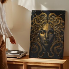 Golden Medusa Canvasluxurious Mythical Wall Art On Black Marble