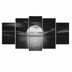 5 Piece Black and White Moon Wall Art Ocean Full Moon Picture Canvas Prints L…