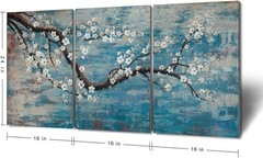 Hand-Painted Plum Blossom Tree Teal Blue Wall Art 48″x24″
