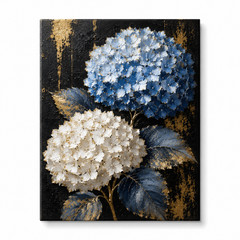 Blue Hydrangea Oil Paintings Textured Canvas Floral Wall Art Gold Accent Texture