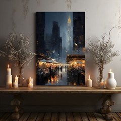 Dark City Night Market Dystopian Cyberpunk Future Painting Print Canvas Wall Art
