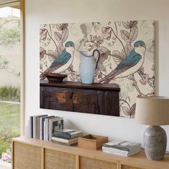 Blue and White Bird Floral Canvas Wall Art Print for Vintage Nature Home Decor