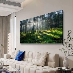 Wall Art Sunlight Green Forest Scenery Canvas Painting Prints,DIY Framed 24″x48″