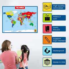 World Map Laminated Poster -Double Side Educational Poster for Kids/Adults -17 X