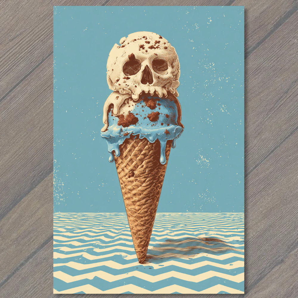 Art Print Gothic Skull Ice Cream Cone Blue Drip Waffle Dessert Skeleton Humor