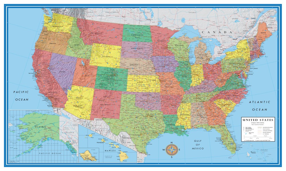 48×78 United States, USA, US Classic Elite Large Wall Map Poster Mural Art Decor