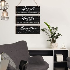 Wooden Home Office Decor Wall Art Success Quote, Grind Hustle Execution Motiv…