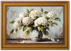 Gold Framed Vintage White Hydrangea Canvas Wall Art Rustic Farmhouse Floral P…