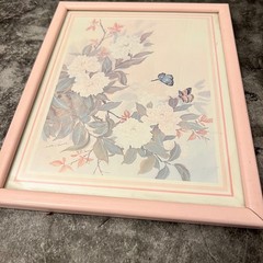 Vintage Framed Floral Butterfly Art Pink Frame | Cottage Fairy