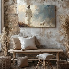 Good Shepherd Mist Canvas Jesus Walking With Lamb In Ethereal Landscape Wall Art