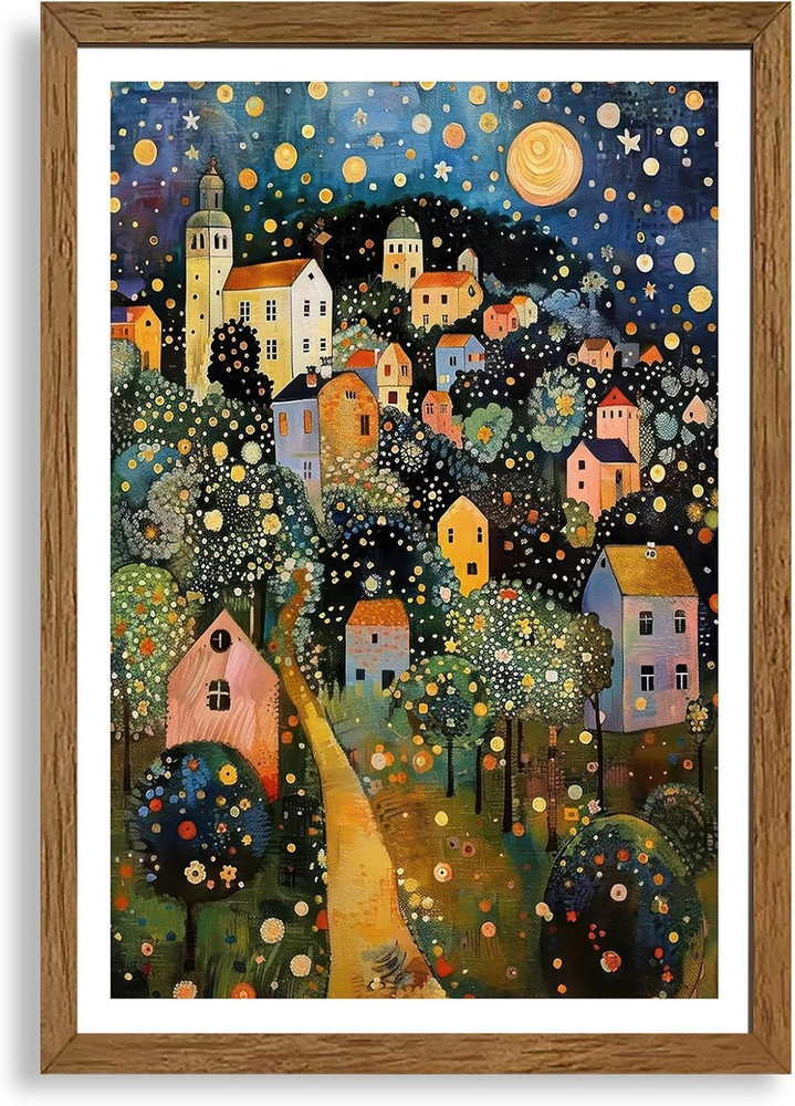Vibrant Klimt Style Night Village Canvas Art for Home & Office 20×30 In