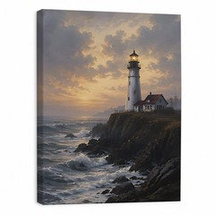 Vintage Lighthouse Sunset Canvas Wall Art Ocean Waves Coastal Decor Poster