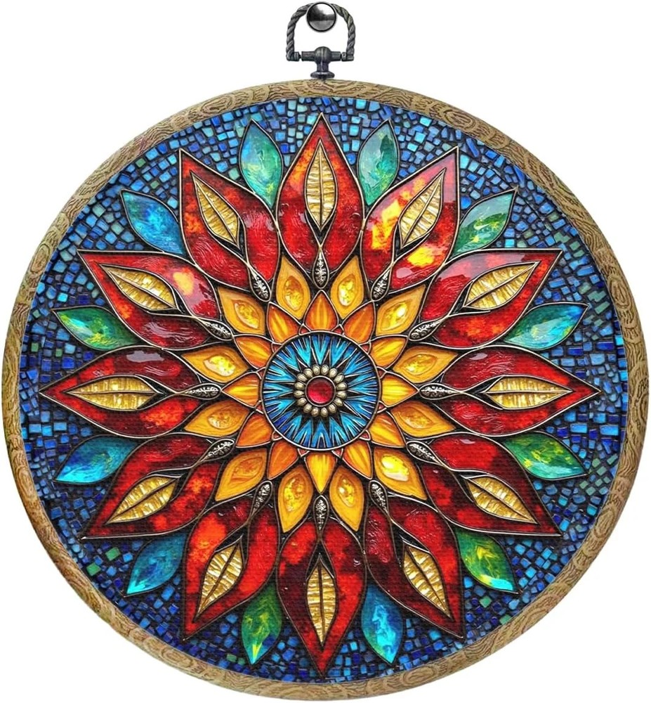 Colorful Geometric Mandala Framed Round Wall Decor Canvas Wall Art Hanging Print