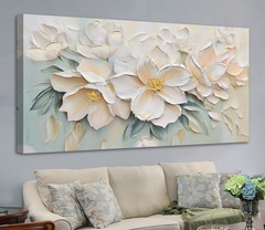 Large White Textured Floral Canvas Art for Modern Home Decor 58″x29