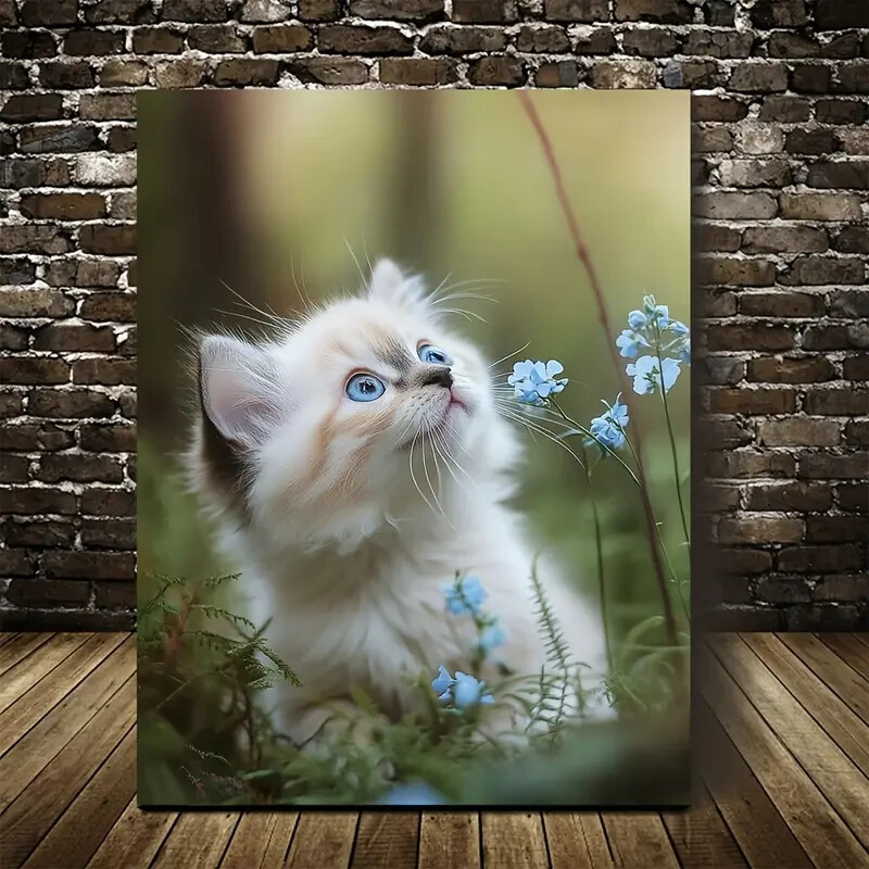 Adorable Ragdoll Kitten with Flowers Painting Metal Print Ready to Hang