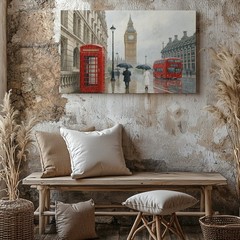 London rainy street scene canvas wall art red telephone booth double decker bus