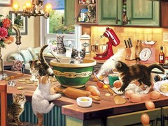 canvas art print giclée – poster – Pillow. Kitten Kitchen Capers. Chef cats