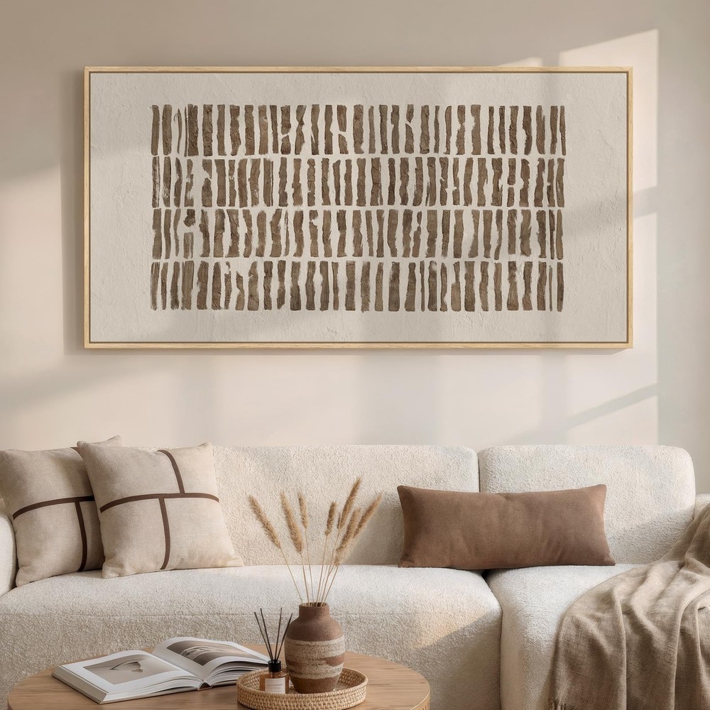 Large Framed Neutral Abstract Canvas Wall Art for Living Room, Horizontal Wab…