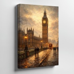 London Big Ben At Dusk Canvas Wall Art Vintage Cityscape Rainy Street Print