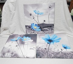 3-Piece Blue Flower Canvas Print Set, Black/White Background, Ready to Hang