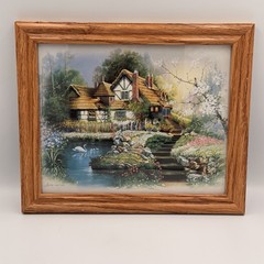 Vintage Andres Orpinas Cottage 1 Garden Swan Scene Framed Print Signed 11.5×9.5