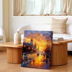 Wall Art City Street Sunset Painting Rainy Urban Landscape Canvas Print Decor