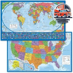Juego De 2 Pósteres Laminados De Mapa Del Mundo Y Mapa De EE. UU. US NUEVO