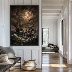 Kraken Ship Poster Moonlit Ocean Dark Academia Wall Art Print